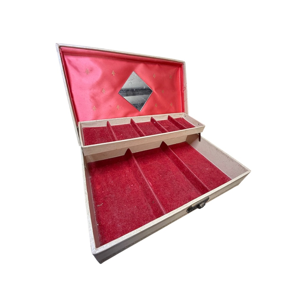 Vintage‎ Mid Century Jewelry Box Gold Starburst Cream Red Tiered Vanity Case